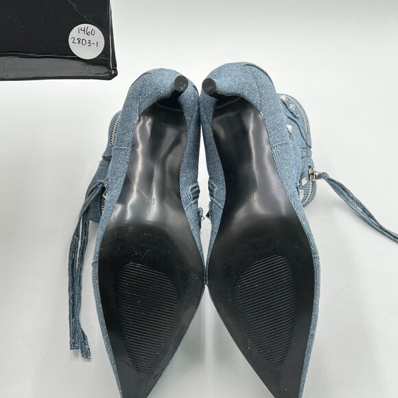 XYD Skyblue Denim Ultra Pointed Toe Kitten Heel Zipped Rivets Studded Ankle Boot - Picture 7 of 8